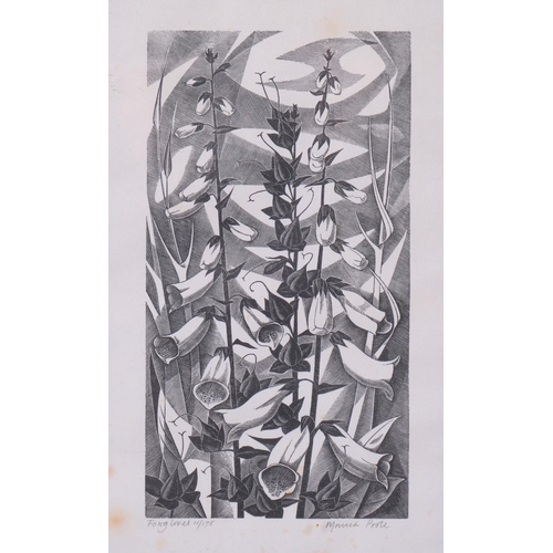602 - Monica Poole (1921-2003), foxgloves, woodcut print, signed in pencil, no. 11/175, plate 20cm x 10.5c... 
