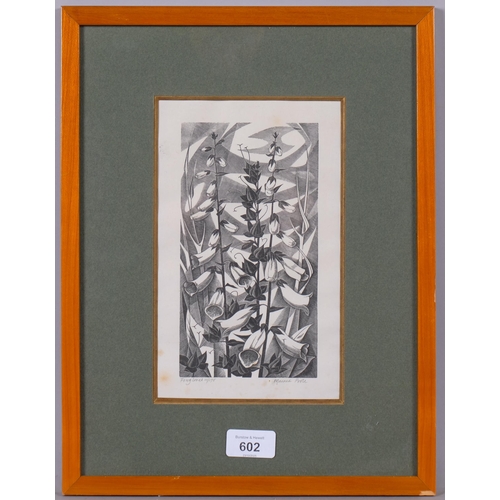 602 - Monica Poole (1921-2003), foxgloves, woodcut print, signed in pencil, no. 11/175, plate 20cm x 10.5c... 