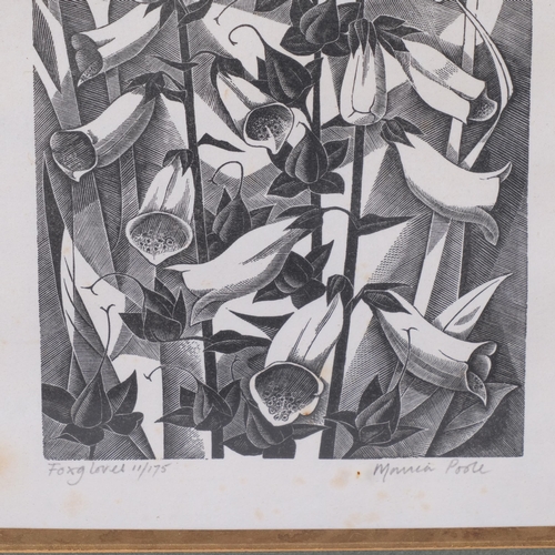 602 - Monica Poole (1921-2003), foxgloves, woodcut print, signed in pencil, no. 11/175, plate 20cm x 10.5c... 