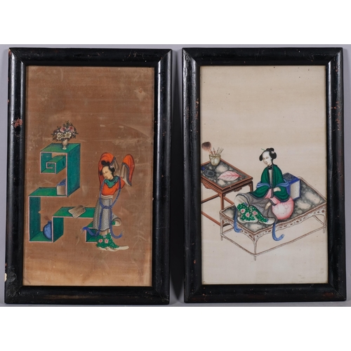 603 - Pair of Chinese watercolours on pith paper, 32cm x 19cm, framed