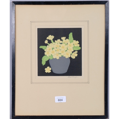 604 - John Hall Thorpe (1874 - 1947), Primroses, colour woodcut print, signed in pencil, 16.5cm x 15cm, fr... 