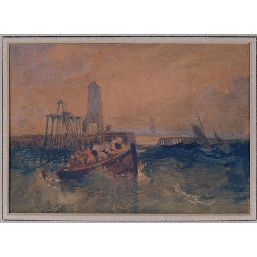 610 - Boats near harbour, 19th century watercolour, unsigned, 17cm x 24cm, framed