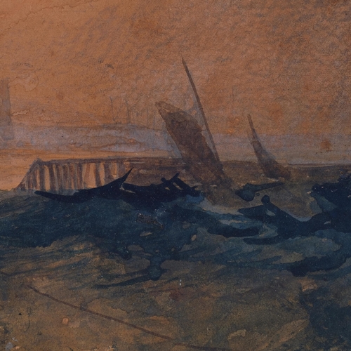 610 - Boats near harbour, 19th century watercolour, unsigned, 17cm x 24cm, framed