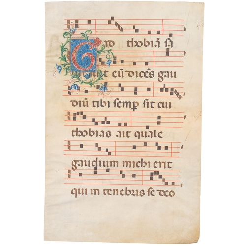 613 - Medieval musical manuscript on velum, liturgical music manuscript in Latin with fine initial letter,... 