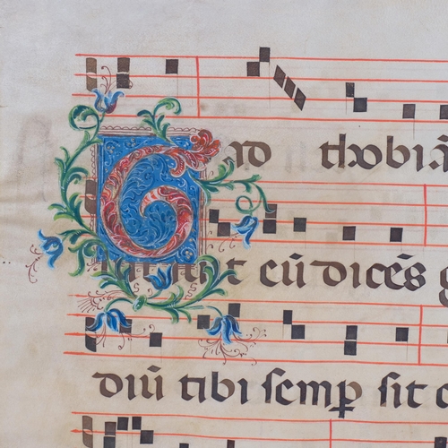 613 - Medieval musical manuscript on velum, liturgical music manuscript in Latin with fine initial letter,... 