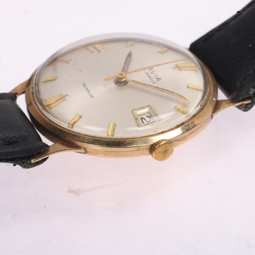 1013 - AVIA - a Vintage 9ct gold mechanical calendar wristwatch, circa 1960s, silvered dial with gilt flute... 
