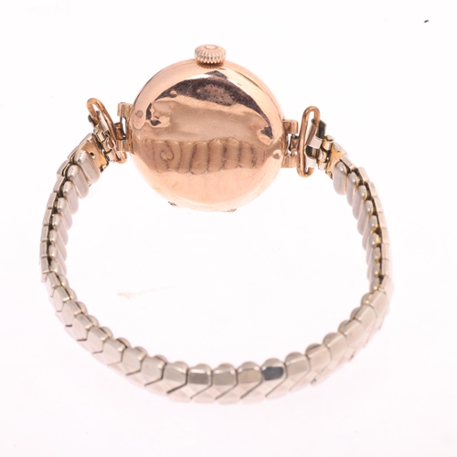 1015 - A 9ct rose gold Officer's style trench mechanical wristwatch, silvered dial with black Arabic numera... 