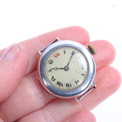 1020 - A First World War Period sterling silver Officer's style trench mechanical wristwatch head, silvered... 