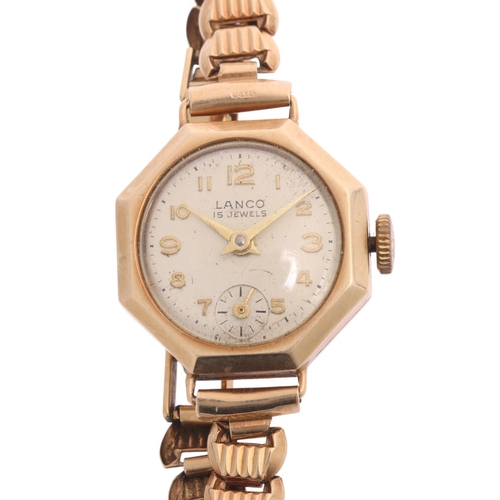 1028 - LANCO - a lady's Vintage 9ct gold mechanical bracelet watch, circa 1950s, silvered dial with gilt Ar... 