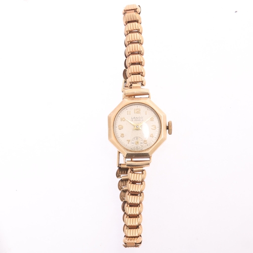 1028 - LANCO - a lady's Vintage 9ct gold mechanical bracelet watch, circa 1950s, silvered dial with gilt Ar... 