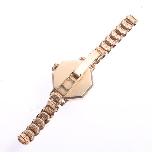 1028 - LANCO - a lady's Vintage 9ct gold mechanical bracelet watch, circa 1950s, silvered dial with gilt Ar... 