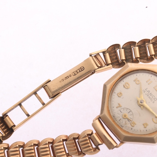 1028 - LANCO - a lady's Vintage 9ct gold mechanical bracelet watch, circa 1950s, silvered dial with gilt Ar... 