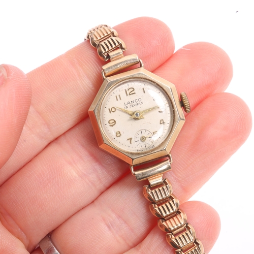 1028 - LANCO - a lady's Vintage 9ct gold mechanical bracelet watch, circa 1950s, silvered dial with gilt Ar... 