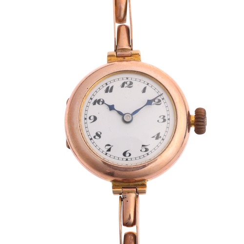 1030 - A lady's 9ct rose gold Officer's style mechanical wristwatch, white enamel dial with black Breguet n... 