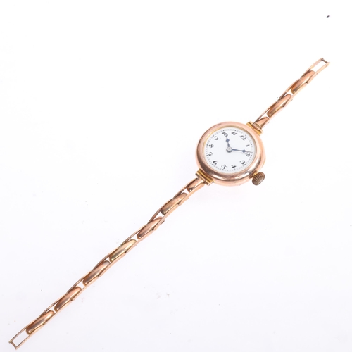 1030 - A lady's 9ct rose gold Officer's style mechanical wristwatch, white enamel dial with black Breguet n... 