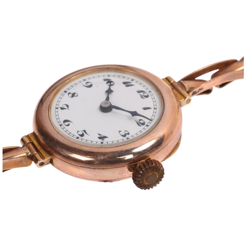1030 - A lady's 9ct rose gold Officer's style mechanical wristwatch, white enamel dial with black Breguet n... 