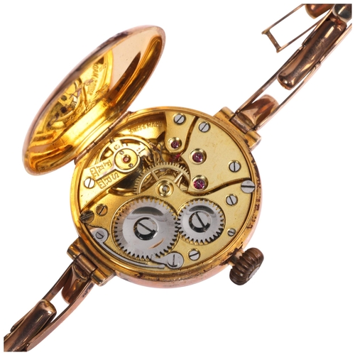 1030 - A lady's 9ct rose gold Officer's style mechanical wristwatch, white enamel dial with black Breguet n... 