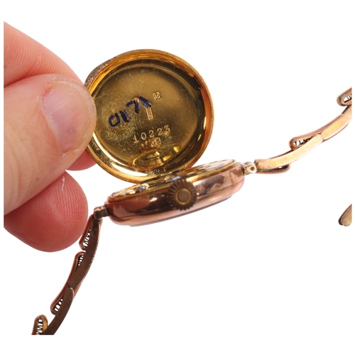 1030 - A lady's 9ct rose gold Officer's style mechanical wristwatch, white enamel dial with black Breguet n... 