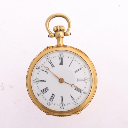 1038 - An Art Nouveau French 18ct gold diamond open-face keyless fob watch, circa 1910, white enamel dial w... 