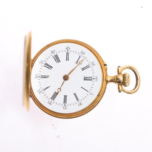 1038 - An Art Nouveau French 18ct gold diamond open-face keyless fob watch, circa 1910, white enamel dial w... 
