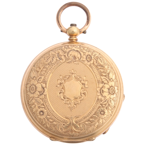 1040 - A Swiss 18ct gold open-face key-wind fob watch, gilt floral engraved dial with black Roman numeral h... 