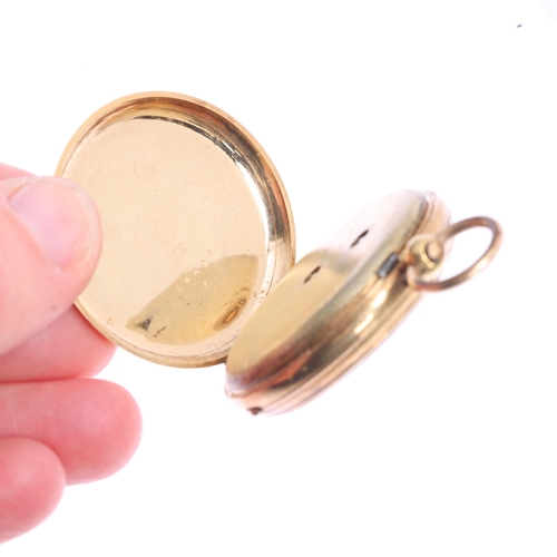 1040 - A Swiss 18ct gold open-face key-wind fob watch, gilt floral engraved dial with black Roman numeral h... 