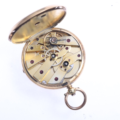 1040 - A Swiss 18ct gold open-face key-wind fob watch, gilt floral engraved dial with black Roman numeral h... 