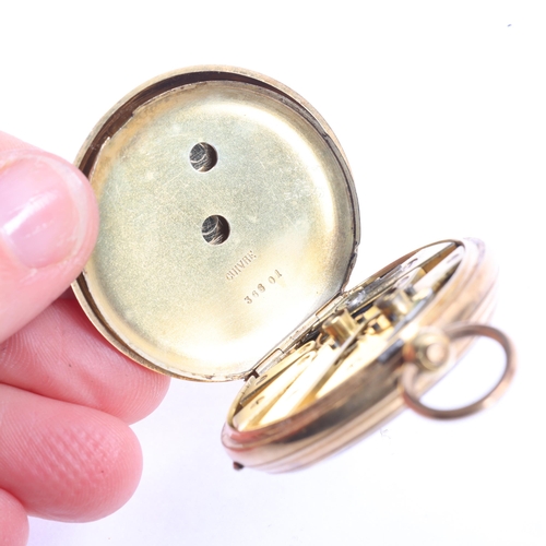 1040 - A Swiss 18ct gold open-face key-wind fob watch, gilt floral engraved dial with black Roman numeral h... 