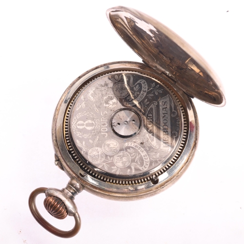 1041 - HEBDOMAS - a Turkish 800 silver open-face keyless pocket watch, cream enamel semi-skeleton dial with... 