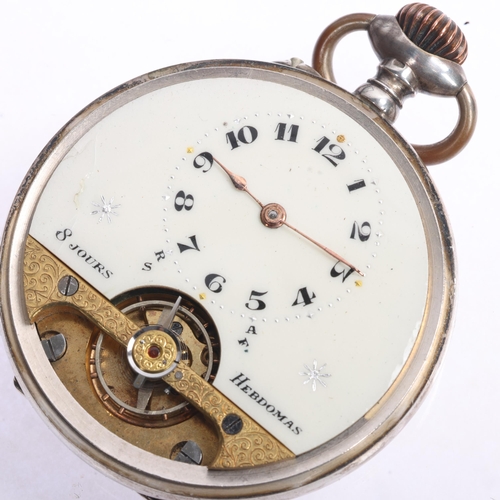 1041 - HEBDOMAS - a Turkish 800 silver open-face keyless pocket watch, cream enamel semi-skeleton dial with... 
