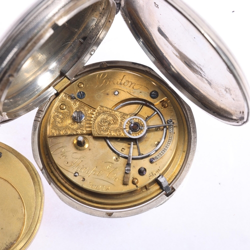 1042 - A 19th century silver full hunter key-wind pocket watch, by William Sharpe & Co of London, white ena... 