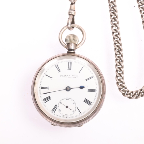1043 - A silver open-face keyless pocket watch, by Alfred E Baker of North Finchley, white enamel dial with... 