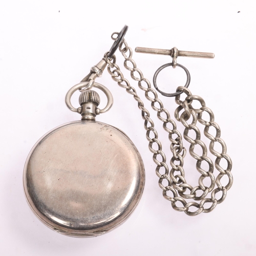 1047 - WALTHAM - a silver open-face keyless pocket watch, circa 1920s, white enamel dial with black Arabic ... 