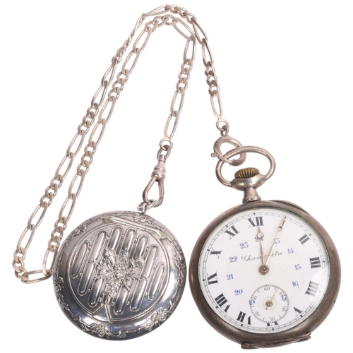 1049 - An Antique Swiss silver open-face keyless chronometer pocket watch, white enamel dial with black Rom... 