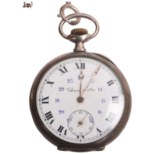 1049 - An Antique Swiss silver open-face keyless chronometer pocket watch, white enamel dial with black Rom... 