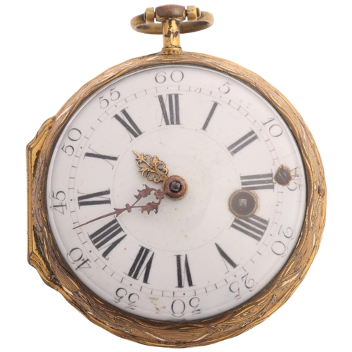 1051 - A French 18th century gilt-metal open-face key-wind verge pocket watch, by Jean Romilly of Paris, ci... 