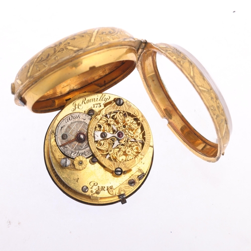 1051 - A French 18th century gilt-metal open-face key-wind verge pocket watch, by Jean Romilly of Paris, ci... 