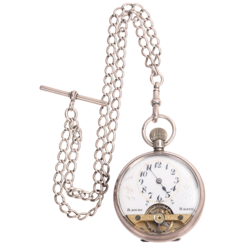 1052 - An early 20th century silver open-face keyless 8-day pocket watch, white enamel semi-skeleton dial w... 
