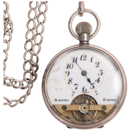 1052 - An early 20th century silver open-face keyless 8-day pocket watch, white enamel semi-skeleton dial w... 