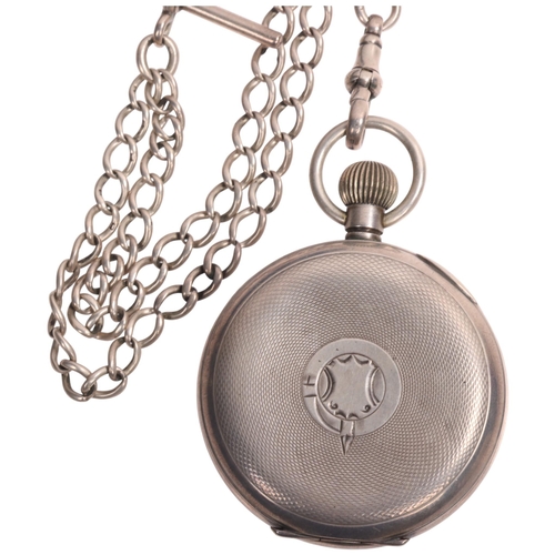 1052 - An early 20th century silver open-face keyless 8-day pocket watch, white enamel semi-skeleton dial w... 