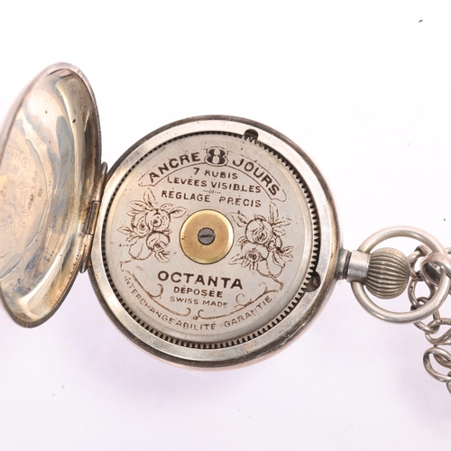 1052 - An early 20th century silver open-face keyless 8-day pocket watch, white enamel semi-skeleton dial w... 