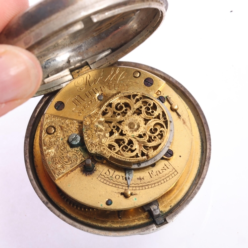 1053 - A mid-19th century silver pair-case open-face key-wind verge pocket watch, by Rihll of Moreton, whit... 