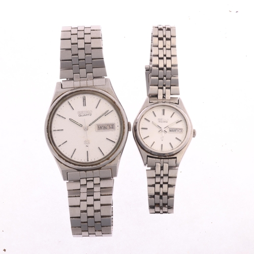 1056 - SEIKO - a pair of 'His And Hers' stainless steel SQ quartz calendar bracelet watches, ref. 7123-8430... 