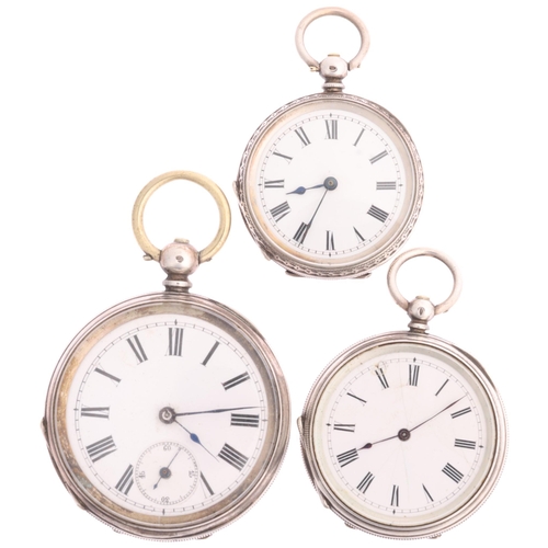 1060 - 3 Antique silver open-face key-wind fob watches, white enamel dials with black Roman numeral hour ma... 