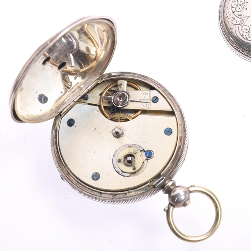 1060 - 3 Antique silver open-face key-wind fob watches, white enamel dials with black Roman numeral hour ma... 