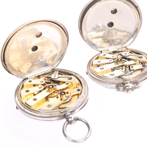 1060 - 3 Antique silver open-face key-wind fob watches, white enamel dials with black Roman numeral hour ma... 