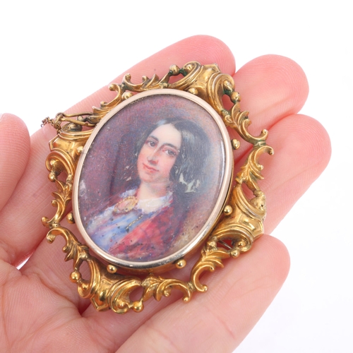 1122 - An Antique Victorian 9ct gold miniature portrait brooch, circa 1860, the oval panel with hand painte... 