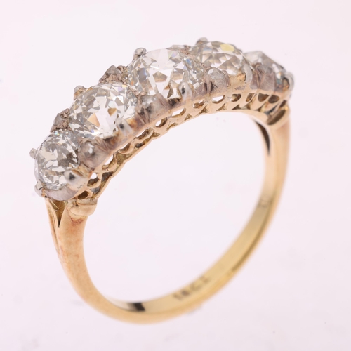 1123 - An Antique Victorian 18ct gold five stone diamond half hoop ring, set with graduated old European-cu... 