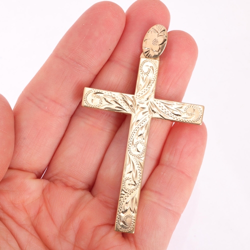 1134 - A Vintage 9ct gold solid cross pendant, Apex Jewellery, Birmingham 1979, chased foliate decoration, ... 