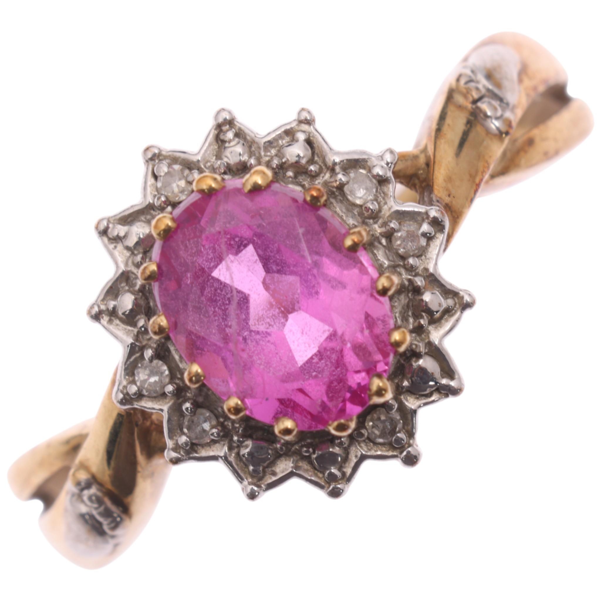 A 9ct gold pink sapphire and diamond cluster ring, claw set with oval ...